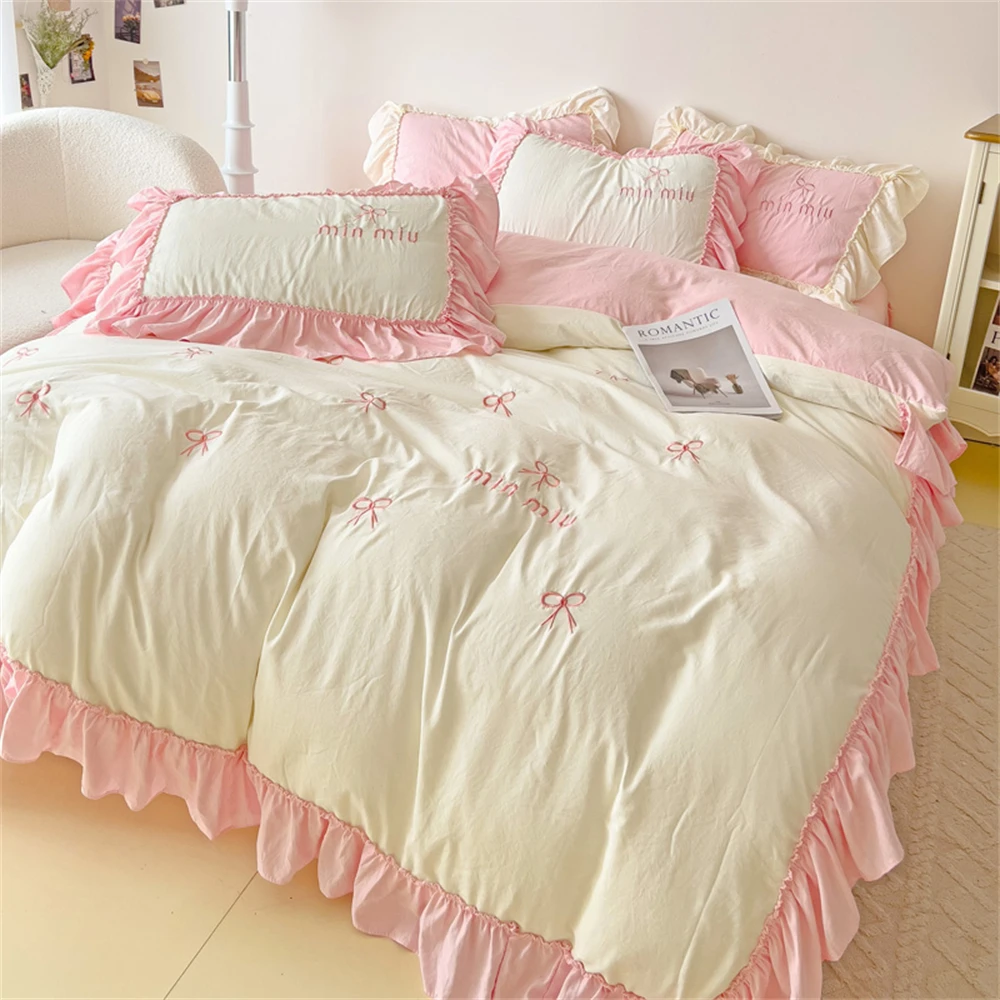 Pink Princess Style Bedding Set Ruffle Bed Covers Queen Washed Quilt Cover Bed Sheet Pillowcase Bedroom Decor Duvet Cover Set