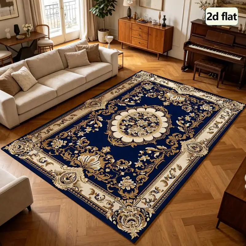 1 Piece Of Elegant Ornate Navy And Gold Floral Rug, Soft And Comfortable, Suitable For Autumn And Winter, Lightweight And Easy To Maintain, Ideal For Living Room, Bedroom, Dining Room