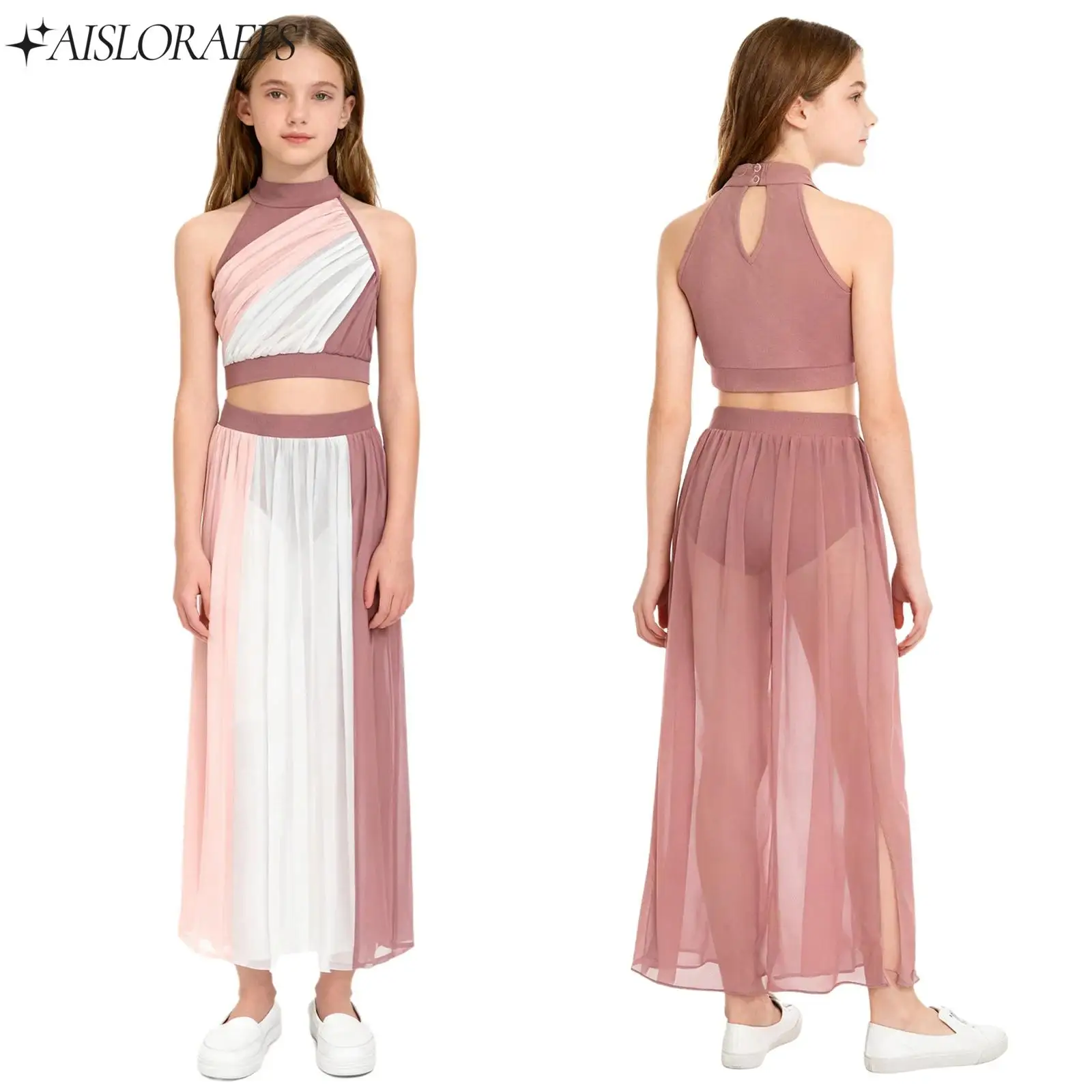 

Girls Ballet Lyrical Modern Dance Costume Sleeveless Color Block Crop Top with Split Flowy Chiffon Skirts for Performance Party