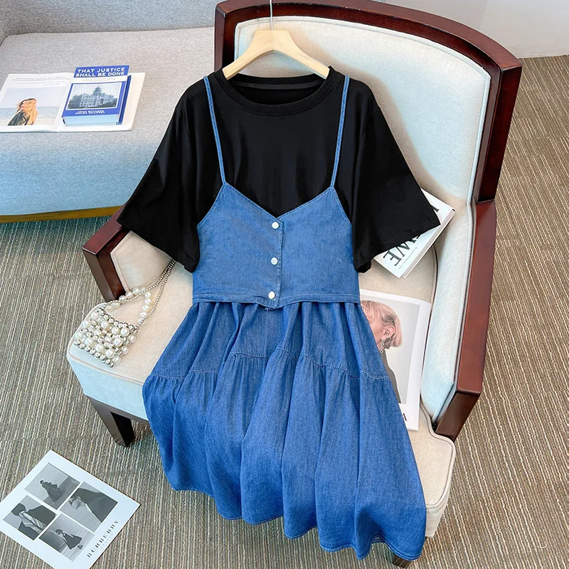 150Kg Plus Size Women's Bust 150 Summer Loose Strap Fake Two Piece Denim Dress Blue 5XL 6XL 7XL 8XL 9XL