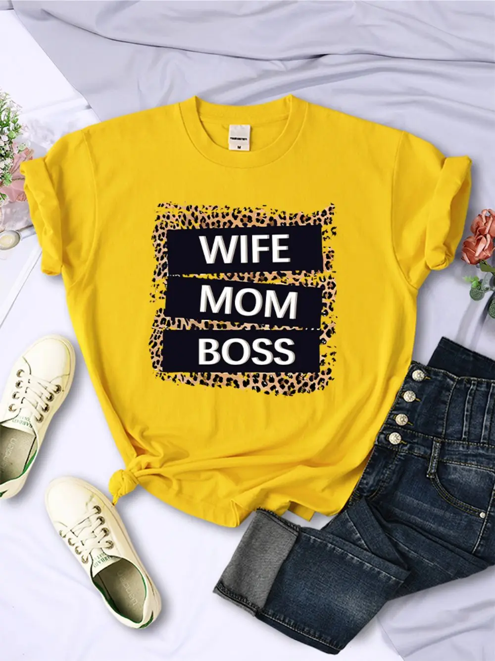Straße Frau T-Shirts Frau Mama Boss Brief Leopard Drucke T-shirts Weiche Atmungsaktive Oansatz Kurzarm Sommer Casual Weibliche Kleidung – Detail 9