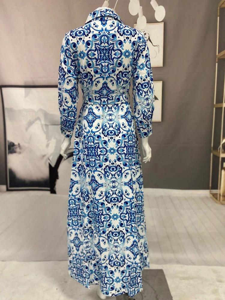 Gaun Abaya Idul Fitri Gaun Hijab Biru Gambar Cetak Wanita Muslim Dubai Pakaian Islami Turki Kaftan Marocain Vestido Musulmane
