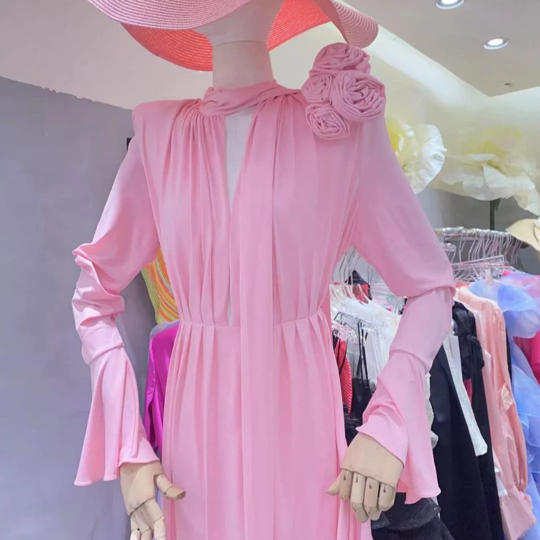 

Pastel Color Rose Floral Print Trumpet Sve Sexy Split Gentle Dr Candy Color Cross-Border Design High Waist A-Line Skirt