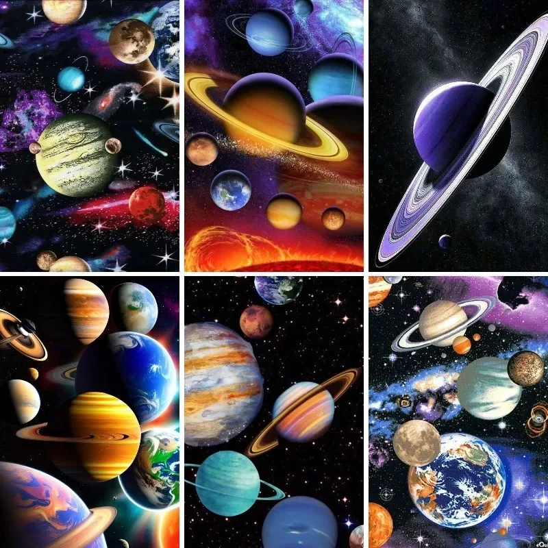 Diamond Painting Solar System Landscape, DIY Diamond Embroidery, Rhinestones Picture, Mosaic Saturnus Scenery, 5D Art Wall Decor