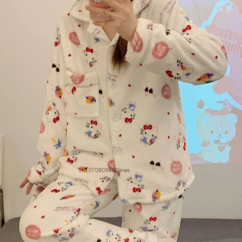 New Sleepwear Sanrio Kuromi Winter Plush pigiama Set donna Hello Kitty Melody Cinnamoroll Home Clothes Suits Fashion Cute Pijama