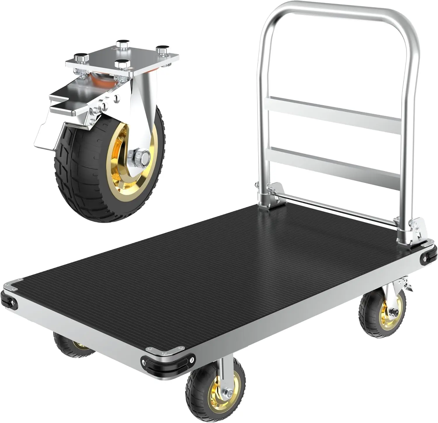 Platform Truck with Reinforced Bottom Suppor  with 6'' Swivel Brake Wheels, Foldable Push Cart Dolly with Rubber Mat