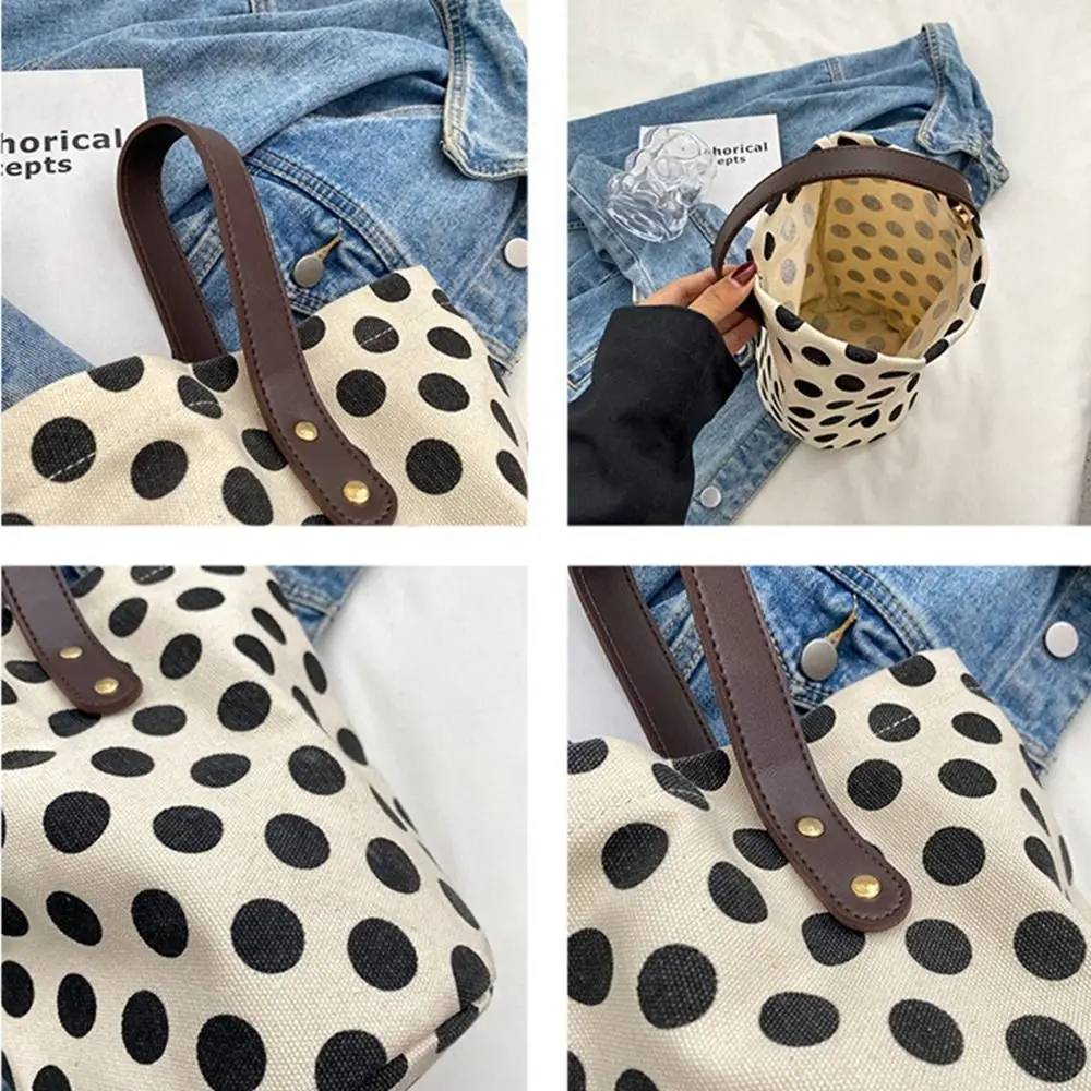 Wave Point Polka Dot Canvas Bucket Bag Vintage Lattice Korean Style Handbag Tote Bag Large Capacity Mummy Bag Storage Bag