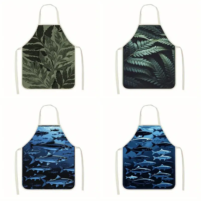 

Foliage & Fish Print Aprons Linen Apron, Suitable For Kitchen Cooking, Parent-Child Interaction, Painting And Other Scenarios