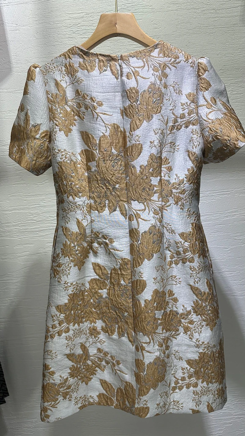 MIUXIMAO 2025 moda real lujo Jacquard vestidos de verano vestido Floral dorado A-LINE vestido corto de diamantes mujeres Vestides