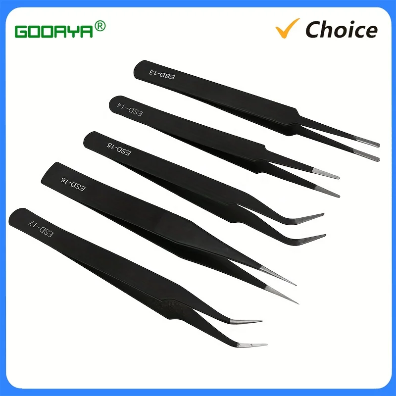 Precision ESD anti-static tweezers set -6-pc durable stainless steel tool for electronic repair and process modeling, bending&St