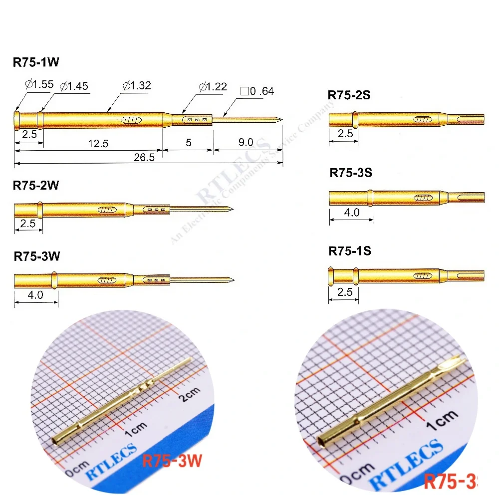 100Pcs Spring Loaded Bare PCB Test Probe P75 R75 Receptacle Series Pogo Pin Gold Plated Current Rated 3A 1.91mm Pitch DIA 1.02mm