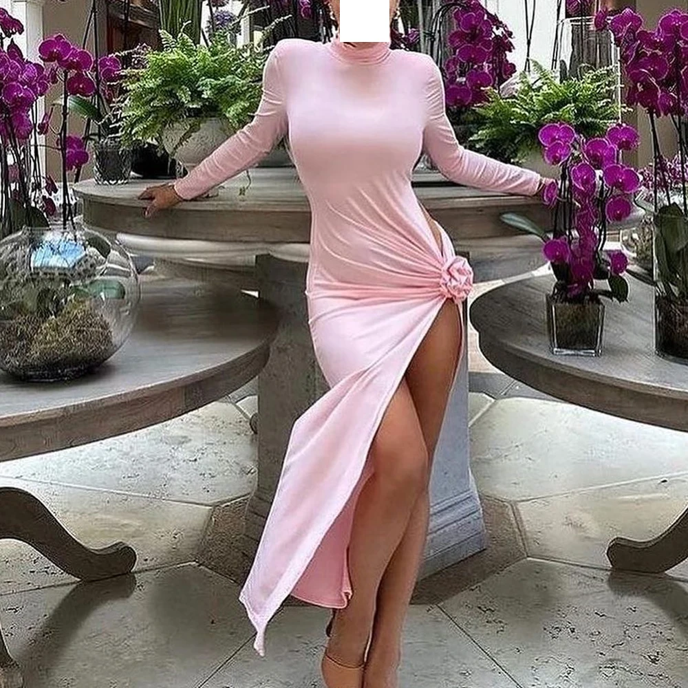 

Dubai Evening Caftan Dress Tea Length Straight High Neckline Jersey Long Sleeves 3D Flowers Solid Color Special Occasion Gowns