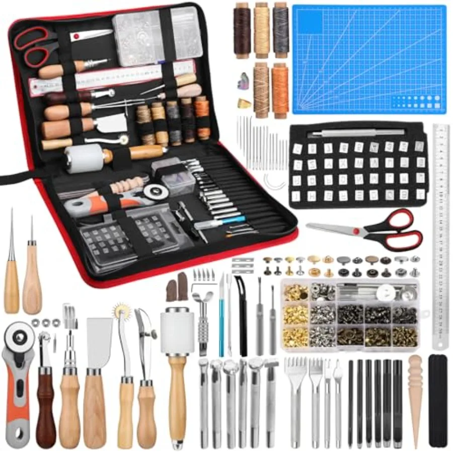 

Leather Craft Tools, Leather Working Kit with Snaps and Rivets Kit Stamping Tools Stitching Groover Waxed Thread Punch Hole for