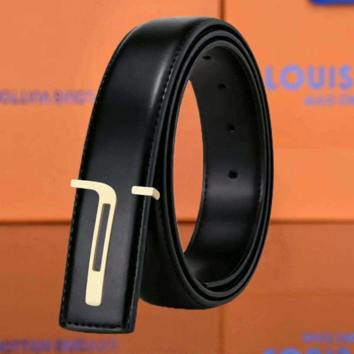 2Pcs Men Slide Plate Buckle Belt Set, Hollow L‑Shape Metal Buckle, Smooth Black Solid Waist Strap for Business Suit Daily Casual