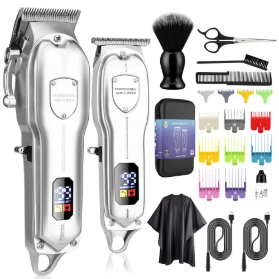 

Cordless Hair Clippers and Trimmer Kit for Men Silver Professional Barber Supplies with Beard Trimmer and Grooming Accessories