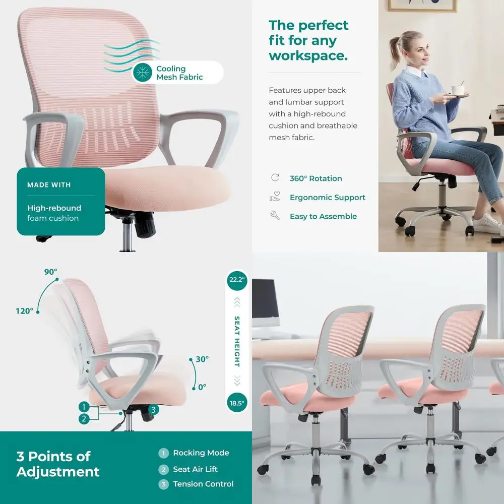 

Эргономичное офисное кресло с сетчатой спинкой, мягким сиденьем и подлокотниками, поворот на 360 градусов ° Поворотное кресло с регулировкой высоты и поясничной поддержкой для дома, спальни