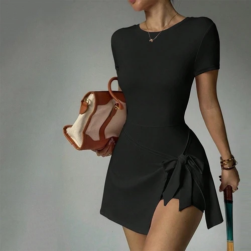 Body de Yoga para mujer, Vestido corto adelgazante con espalda abierta, aspecto de dos piezas, falda de tenis atlética transparente para entrenamiento al aire libre