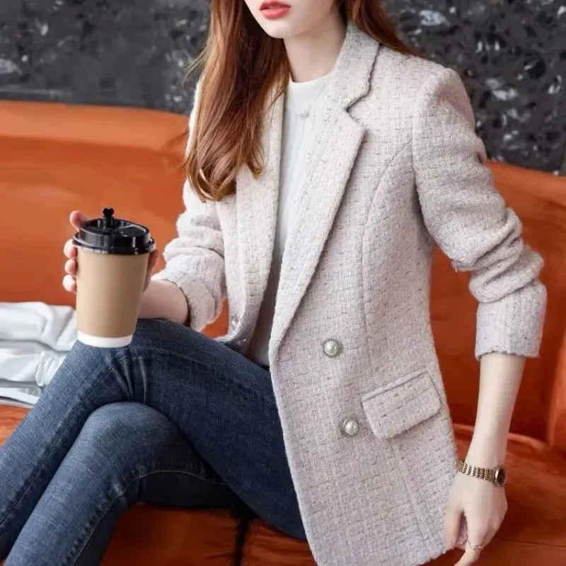 2023 New Women Jacket Spring  Fashion Double Breasted Tweed Blazer Coat Vintage Long Sleeve Female Outerwear Chic Top 2023