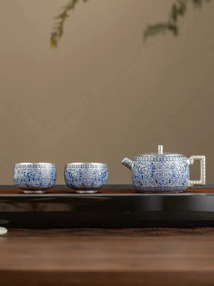 

Chinese Gilded Silver Gluttony One Pot Two Cups Gift Box Set Gilded Silver Teapot Set One Pot Two Cups Kung Fu Tea Set