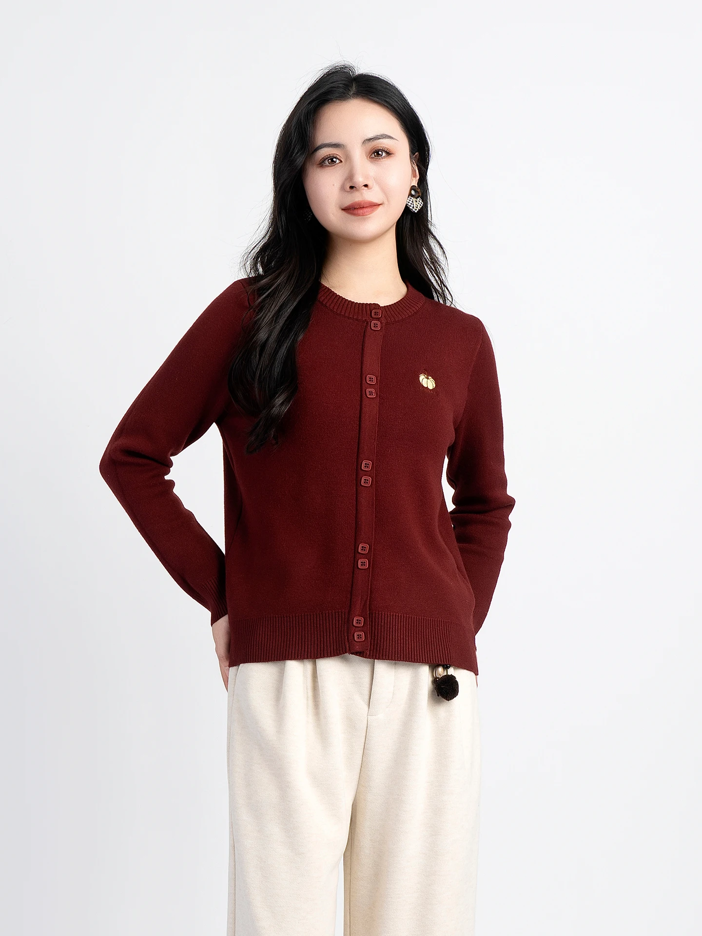 

Autumn Winter Women's round Ne Knitted Sweater Inteated Fce Embroidered Pumpkin Soft Comfortable Long Sve Top