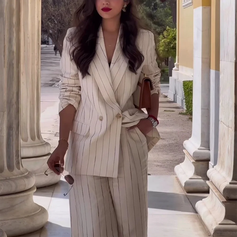 

High Quality Striped Women Suit Double Breasted New Design Peaked Lapel Tailor-Made Luxury Lady Sets Fall Outfits Two Piece