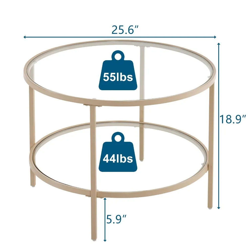 25.6인치 원형 커피 테이블, 거실용 투명 유리 커피 테이블, 수납 공간이 있는 2단 커피 테이블, 모던한 센터 테이블