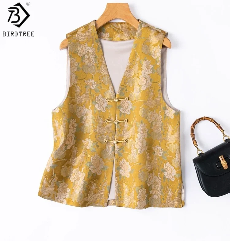 

Birdtree 100% Mulberry Silk Retro Vest,Women Jacquard V-neck Sleeveless Waistcoat,Song Brocade Chinese-style New Tops T59510JF