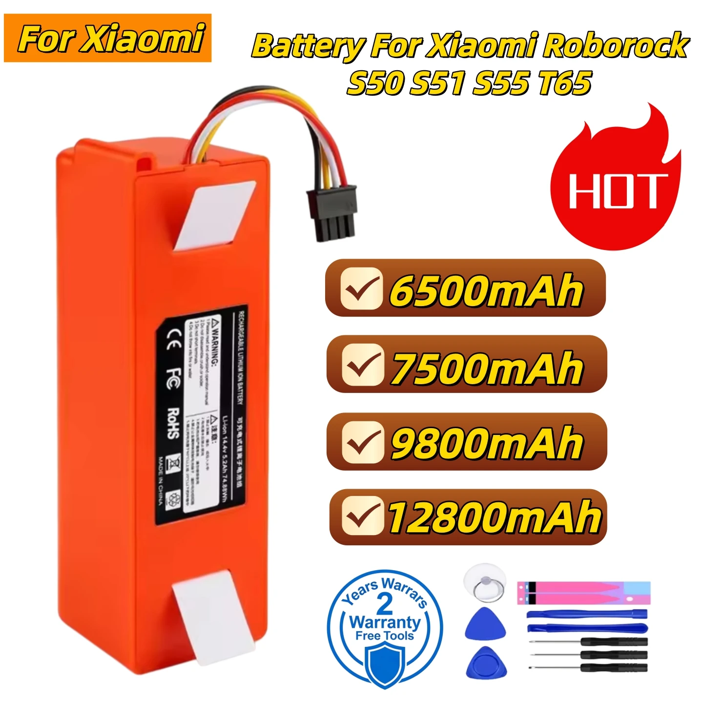 

14.4V 6500mAh/7800mAh/9800mAh Robotic Vacuum Cleaner Battery For Xiaomi Roborock S50 S51 S55 T65 S60 S65 S5 MAX S6 Part E45/S45