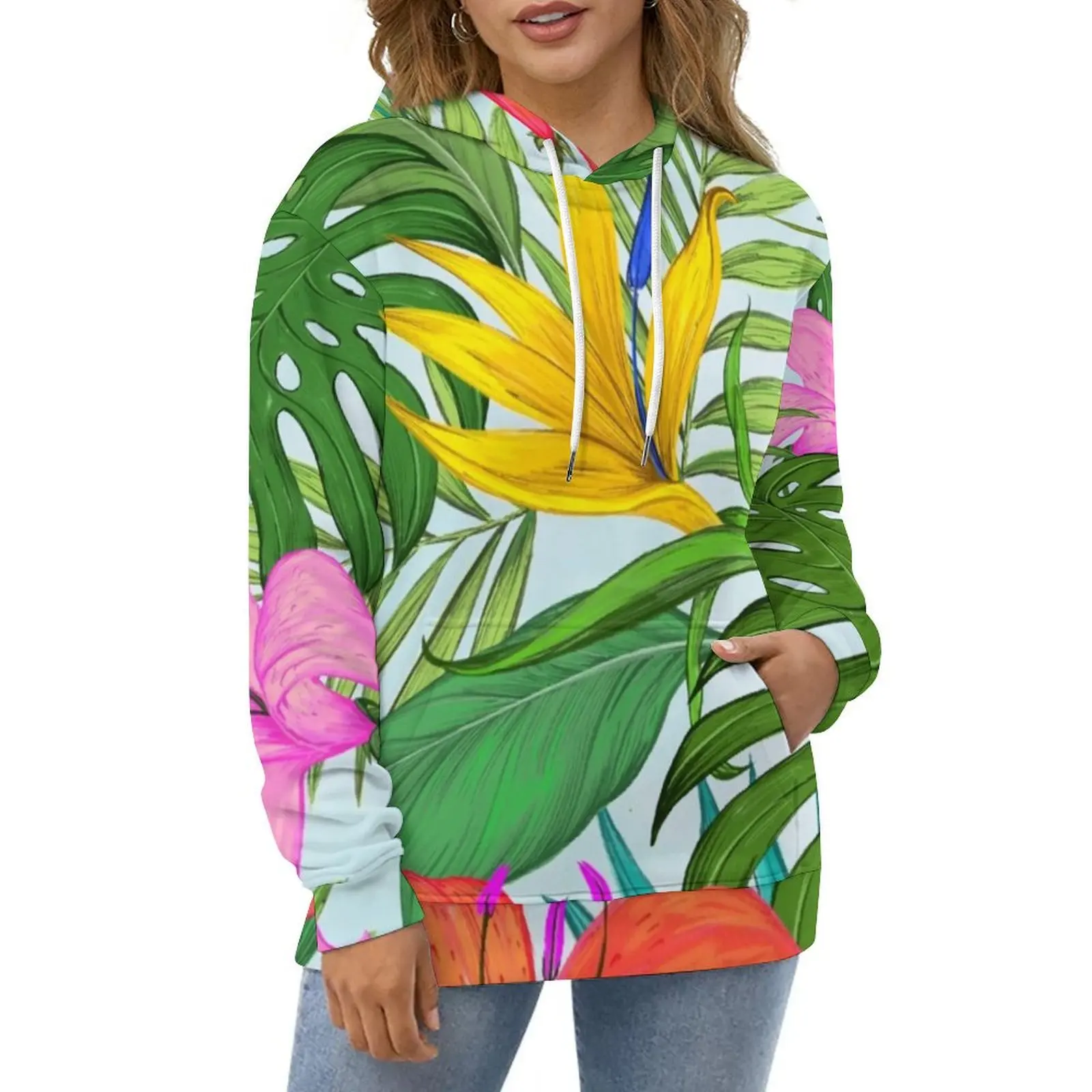 

Palm Leaves Print Hoodies Long Sleeve Hawaiian Floral Casual Pullover Hoodie Winter Harajuku Oversized Loose Hooded Sweatshirts