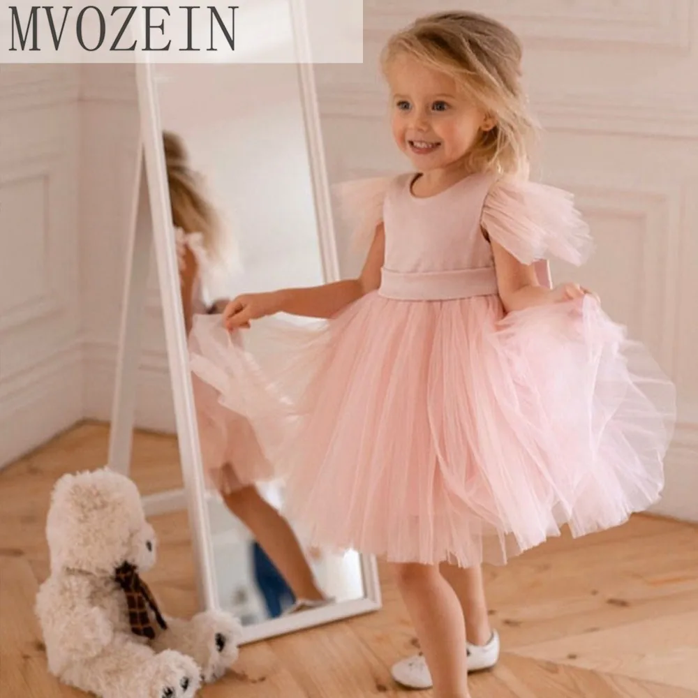 Mvozein Puffy Flower Girl Dresses Bow Backless Girl Wedding Dress Aline Organza Cap Sleeves Girl Dress Summer,Communion Dress