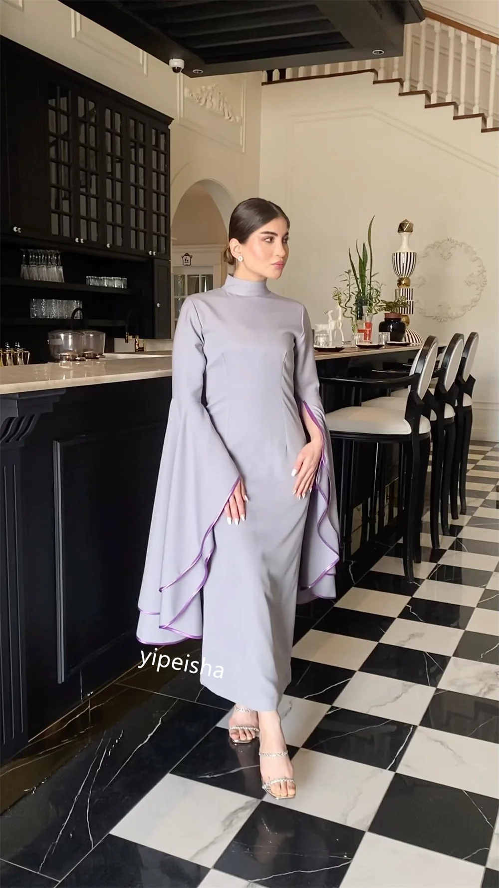 Jersey personalizado con volantes, compromiso escalonado, corte en A, cuello alto, vestido para ocasión a medida, vestidos por debajo de la rodilla, Arabia Saudita