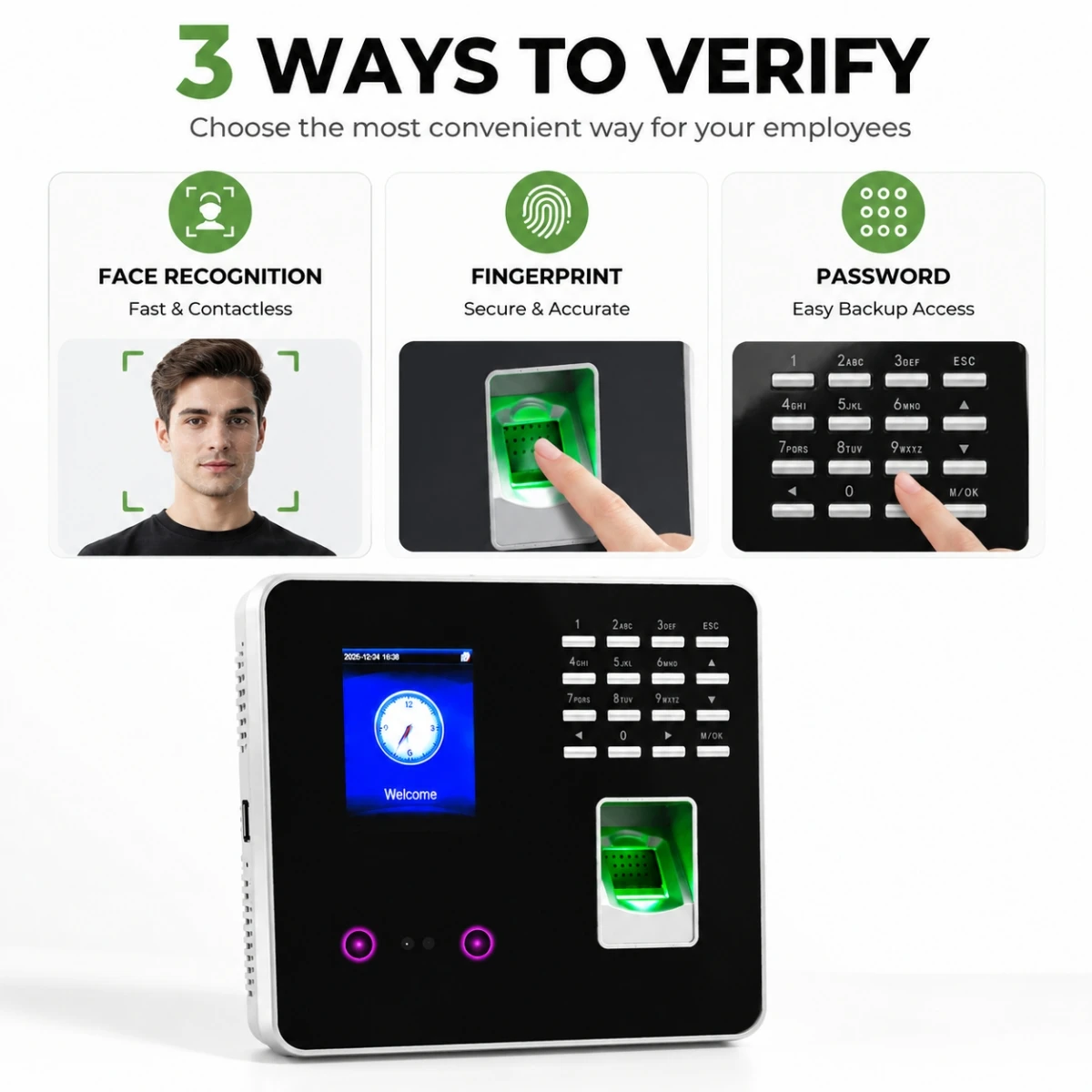 Face Recognition Time Attendance Machine ZK3969 Fingerprint Employee Clock 2.8 Inch Screen TCP/IP USB for Office Factory