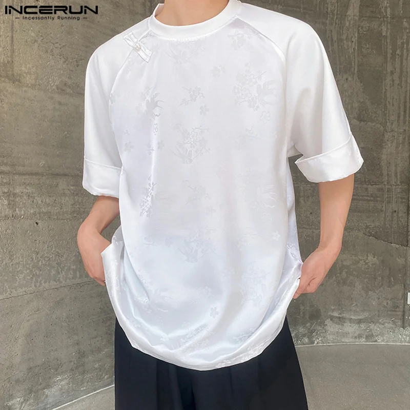 INCERUN Tops 2024 Korean Style Men Satin Jacquard Splicing T-shirts Casual Streetwear O-neck Buckle Short Sleeved Camiseta S-5XL