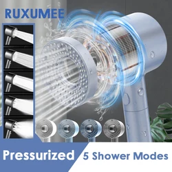 High Pressure Pressurized Filter Shower Head 5 Modes Booster Rainfall Handheld Stop Adjustable With Massage Bathroom Acessories