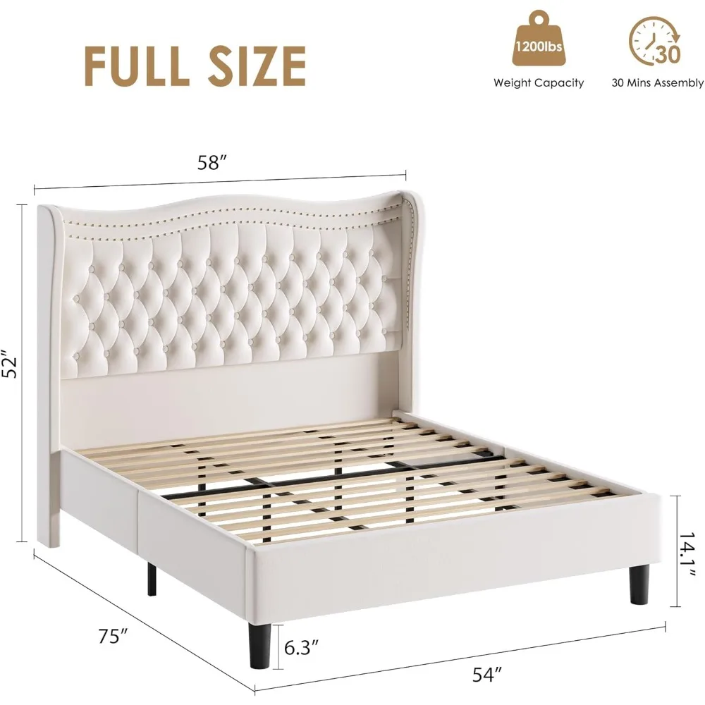 إطار سرير منجد بالحجم الكامل مع لوح رأسي طويل، إطار سرير بمنصة جناح مخملية مع زر عميق معنقدة، بدون صندوق زنبركي N #2
