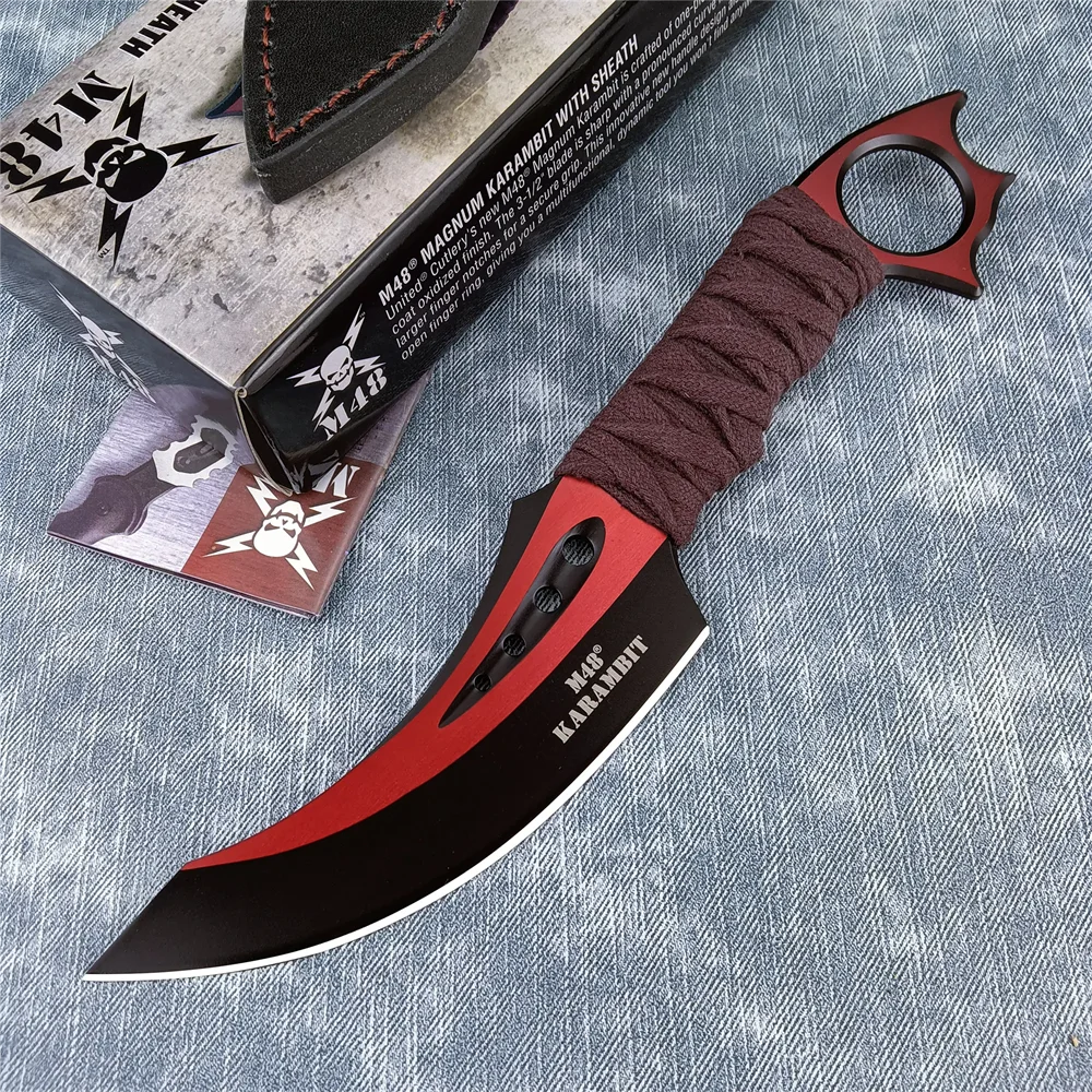 EDC M48 Fixed Blade Knife, 8Cr13Mov Stainless Steel Blade, Red Nylon Cord Wrapped Handle, Portable Outdoor Camping Utility Knife
