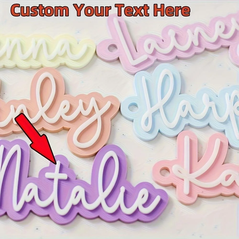 Personalized Double Layer Acrylic Custom Name Keychain | Bubble Cursive Raised Letter Key Fob, Custom Text Bag Accessory
