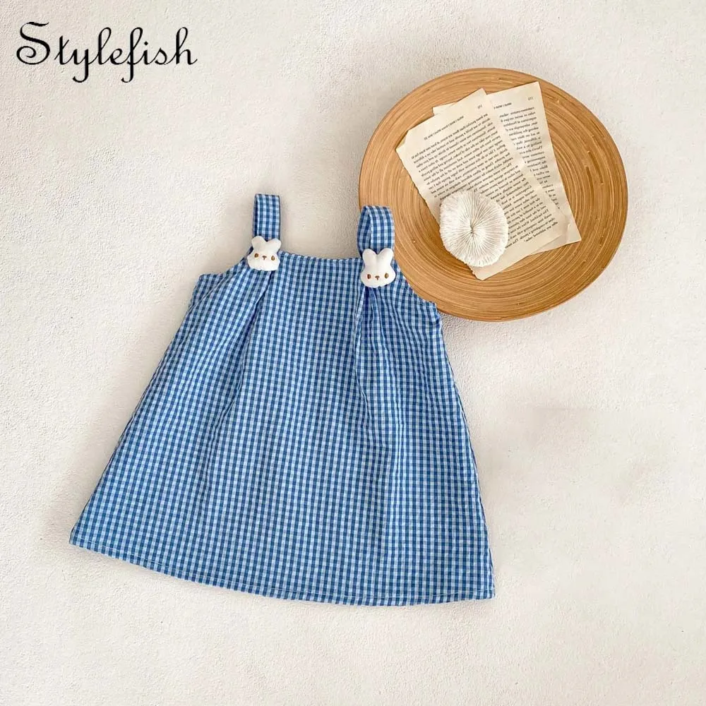 

Summer New 0-3 Years Old Baby Boy And Girl Baby Trend Everything With Cute Bunny Cartoon Halter Blue Plaid A-Line Skirt Dress