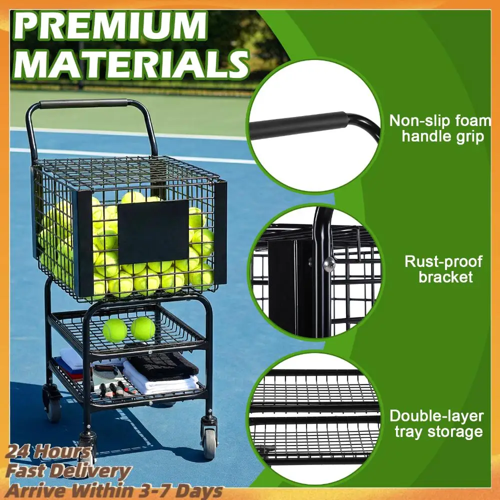 

Корзина-тележка для сбора теннисных мячей, вмещает 350 мячей, портативная, на колесах, 2 уровня, для тренировок, обучения, использования на корте и ежедневного использования