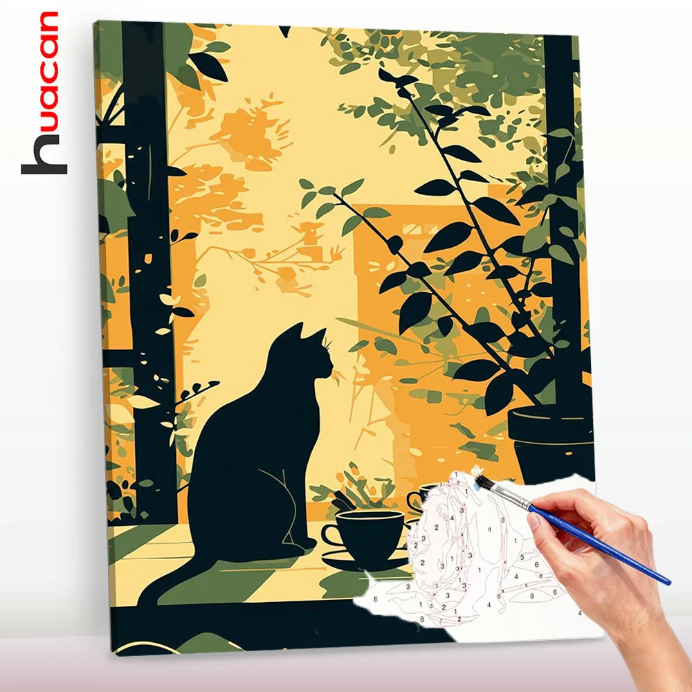 Huacan Paint By Numbers Pictures For Adults On Canvas Cat Coffee Cup Animals Coloring Drawing Oil Paintings Home Decor﻿﻿﻿