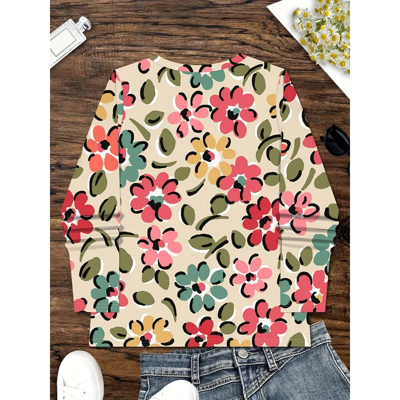 Elegant Casual Vacation Women's Long Sleeve T Shirt Abstract Painting Floral Plant Leaf Graphic All Over Print Breathable V Neck