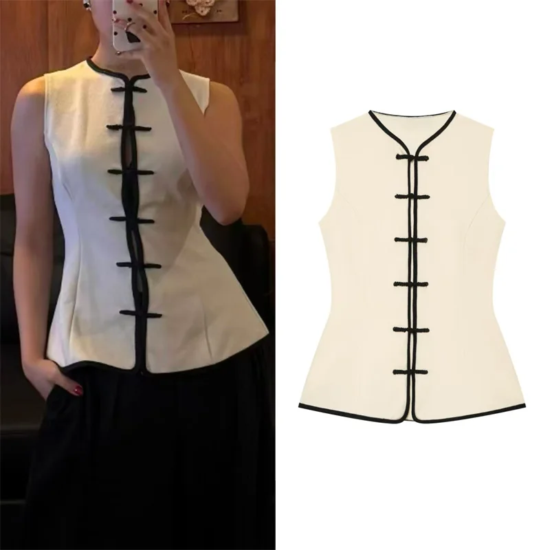 ZHIO Women's Vest 2026 Summer New Beige Sleeveless Knotted Button Decorative Slim Fit Vest Jacket Elegant and Stylish