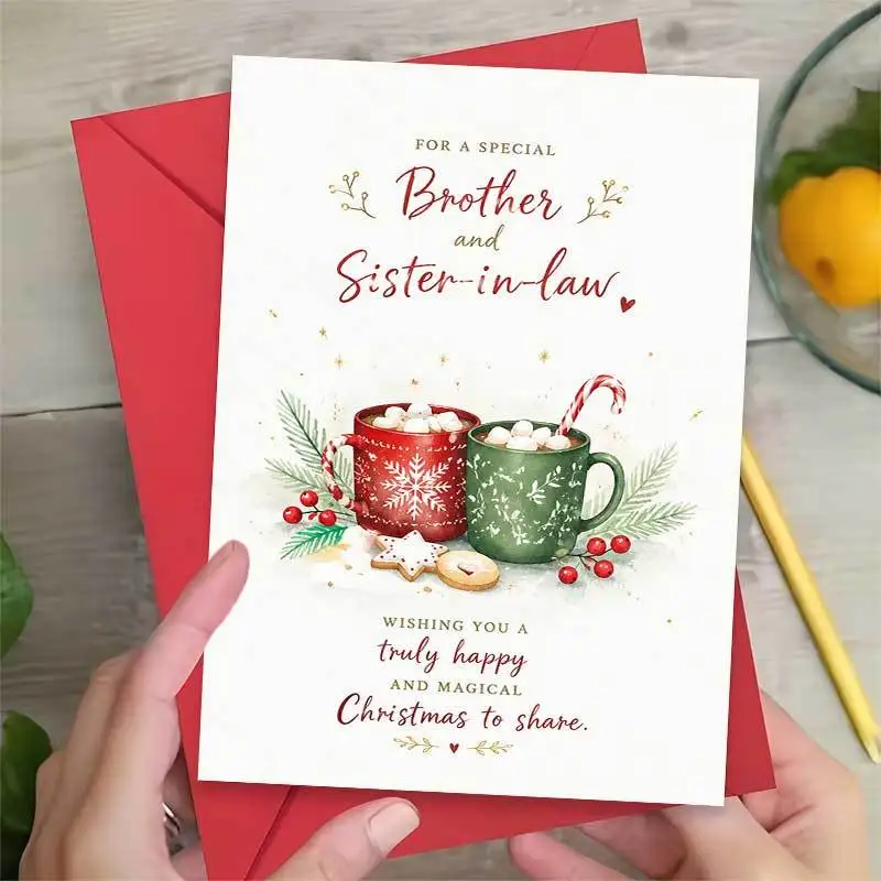 1pc Greeting Card And 1pc Envelope Warm Christmas Greeting Card, 2pcs Cocoa Mugs with 