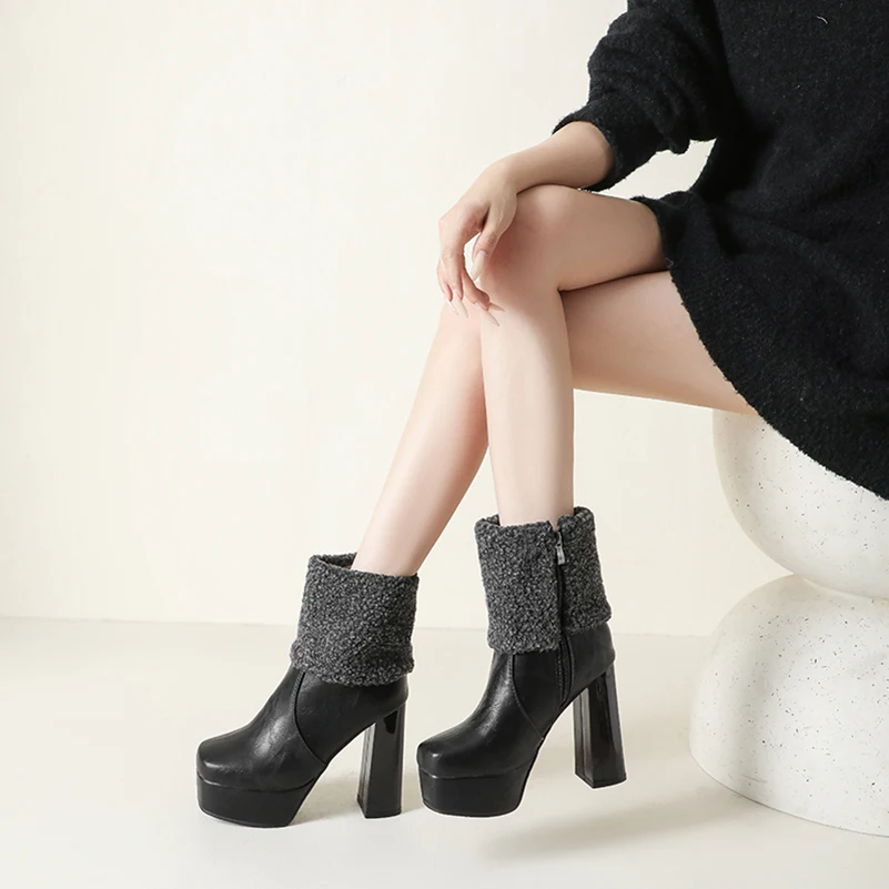 Plus Size Women's Ankle Boots Faux Lamb Wool Cuff Chunky High Heel Platform Side Zipper Warm Winter Short Boots For Ladies