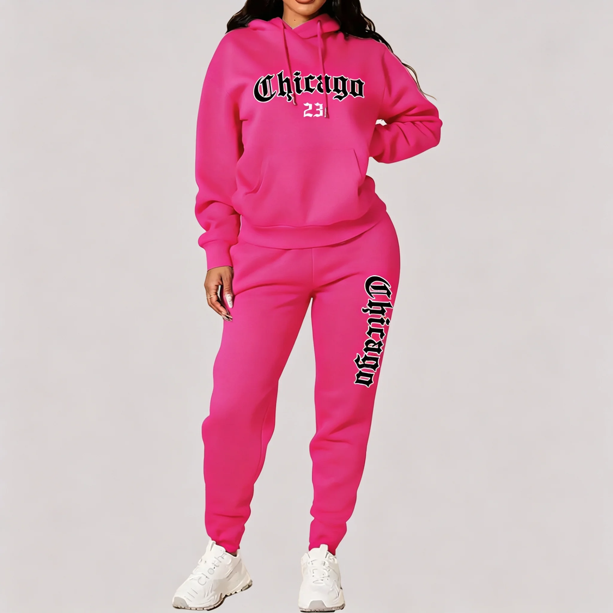 Women's Sets Hoodies Pants 2 Piece Outfits Aesthetic Sportswear Sweatsuit Chicago Graphic Letter Print Plus Size Pink Tracksuit