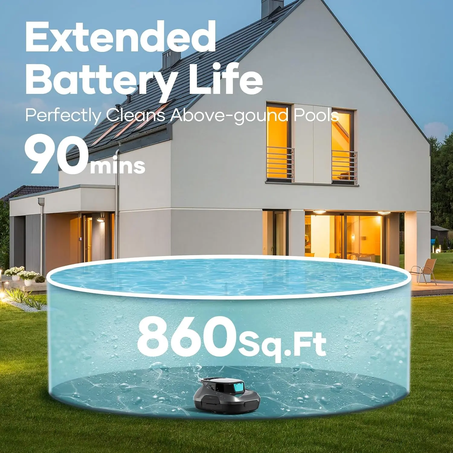 Robótico limpador de piscina, aspirador robô sem fio, limpeza automática, função de estacionamento automático, 90 min Battey Life