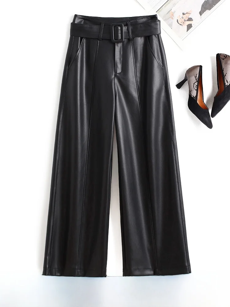 

Женские кожаные брюки с высокой талией, на флисовой подкладке, широкие, прямого кроя, свободные, повседневные, осенне-зимние, новинка