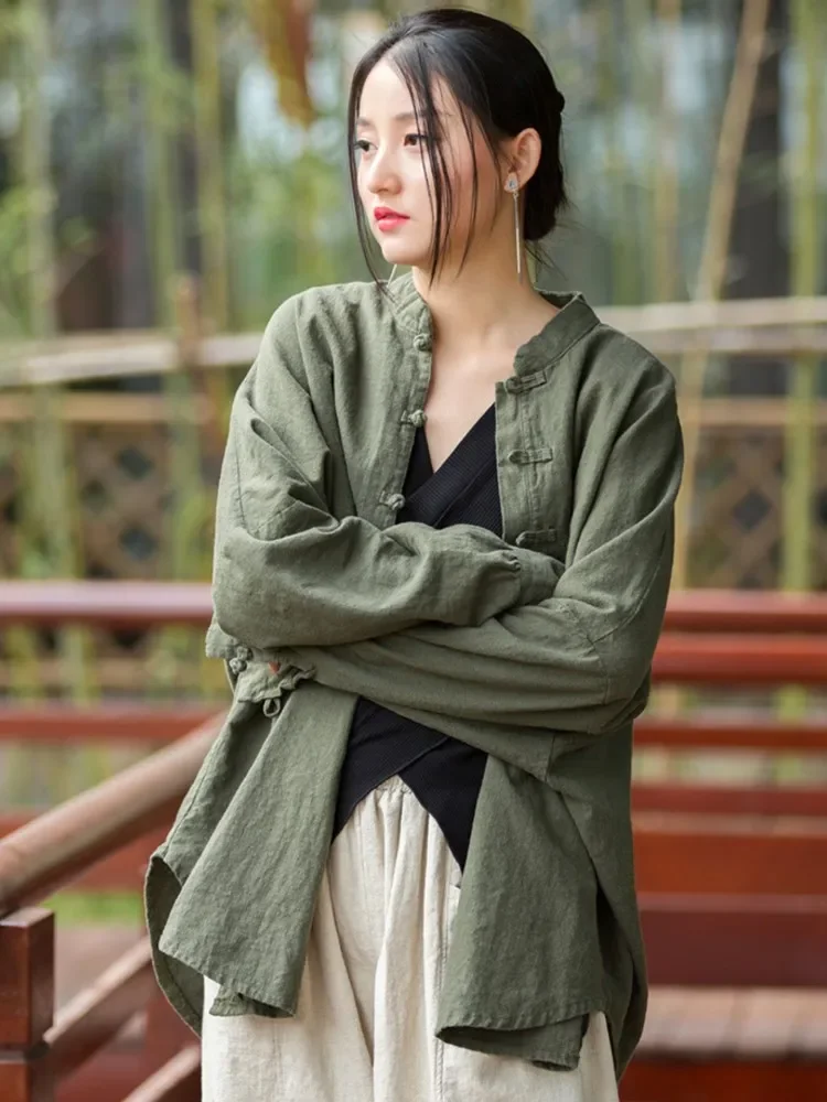 Johnature Women Chinese Style Linen Shirts And Tops Stand Long Sleeve Blouses 2024 Spring New Solid Color Button Vintage Shirts