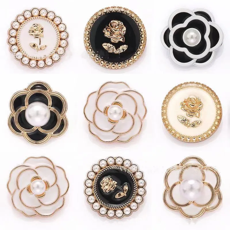 6PCS/Lot High-grade Pearl Small Fragrant Cashmere Coat Buckle Retro Metal Flower Decoration Button