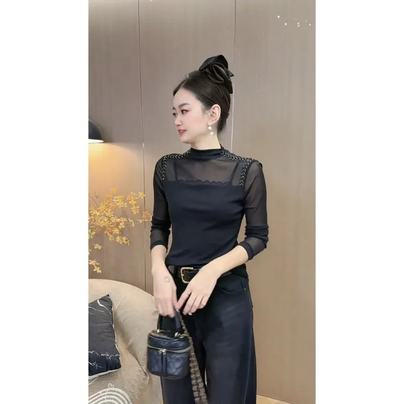 Stylish High-end Beaded Front-shoulder Micro-sheer Mesh Half-turtle Collar Design and Versatile Long-sleeved Bottoming Shirt